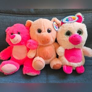 Nanco 3 Pink 9” Glitter Eyes Plush Stuffed Animal Toys w/tags Piglets, Bear
